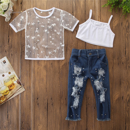 Toddler Kids Girls Short Sleeve Star T-shirt Tops Hole Denim pants pearl Jeans 2PCS Clothing Set