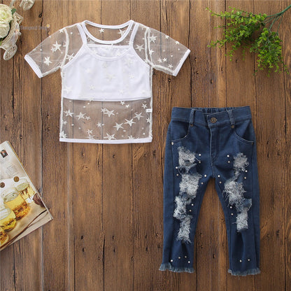 Toddler Kids Girls Short Sleeve Star T-shirt Tops Hole Denim pants pearl Jeans 2PCS Clothing Set