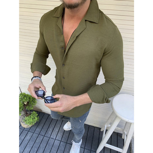 Lapel Long Sleeve Men's Shirt Solid Color