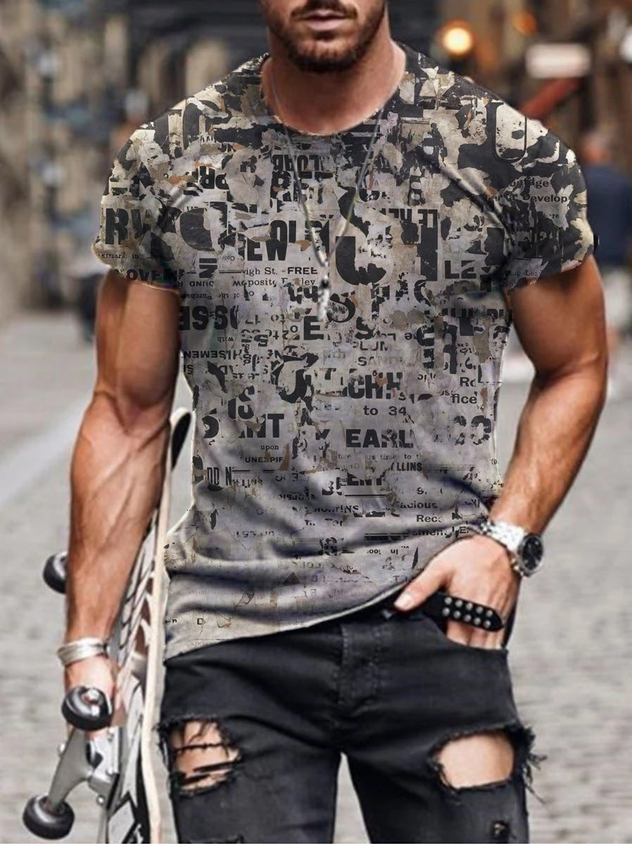 Mens Street Casual Trend Abstract Painting Print Short-Sleeved T-Shirt