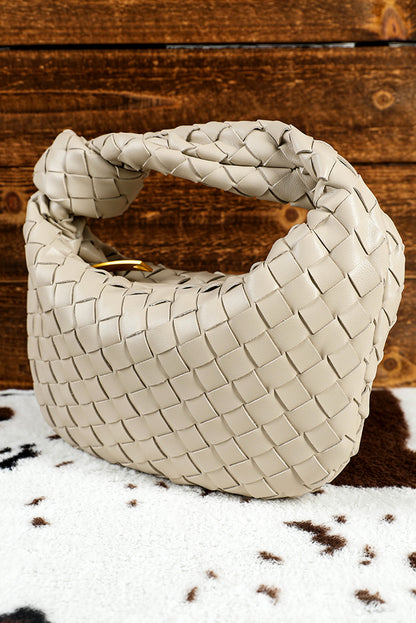 Beige Braided PU Leather Zipper Handbag