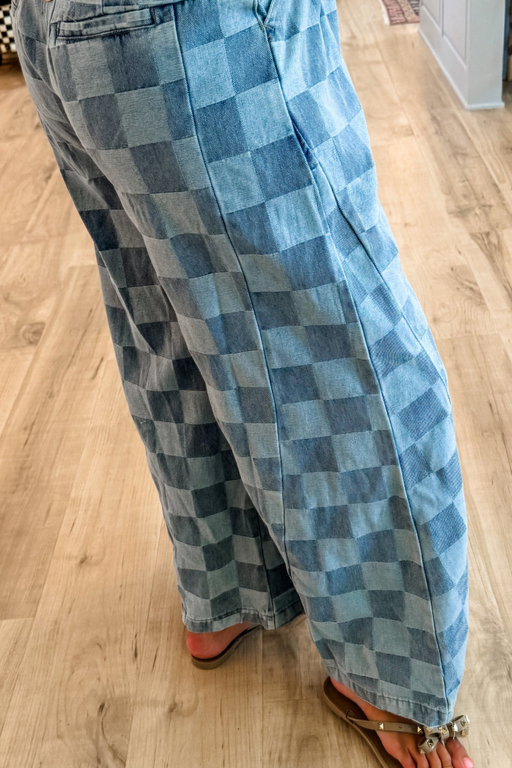 Dusk Blue Checkered Denim Wide Leg Jeans