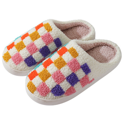 Fashion Colorful Checkerboard Home Slippers Couples Floor Bedroom Slipper Winter Warm Indoor House Shoes For Women And Men