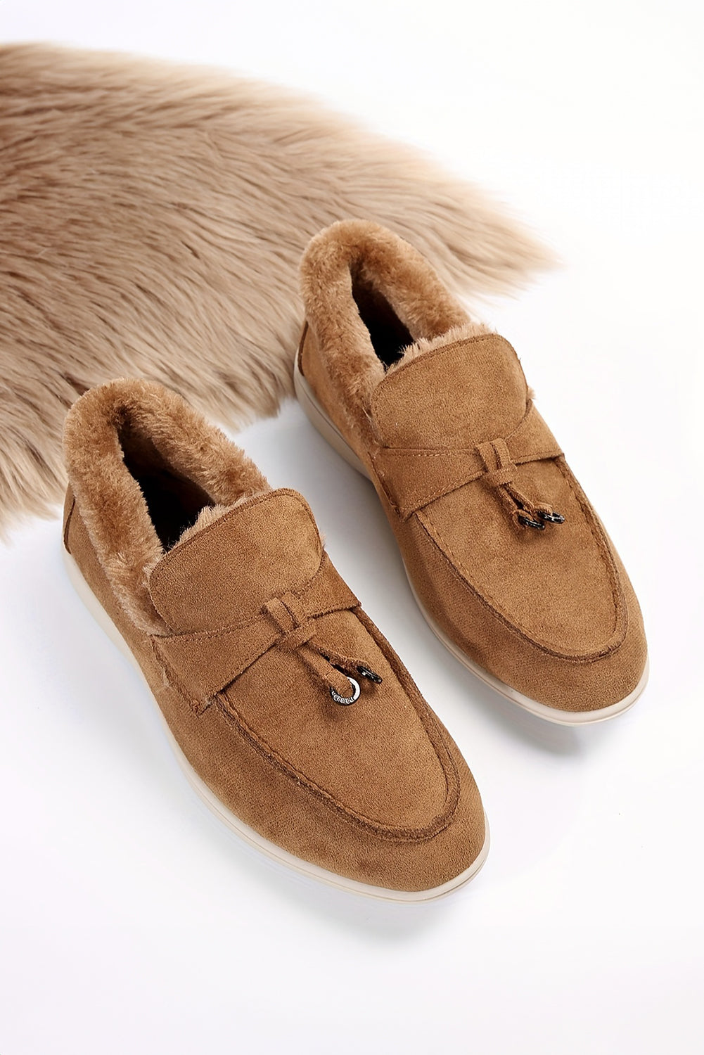 Black Suede Furry Lined Slip on Flat Shoes