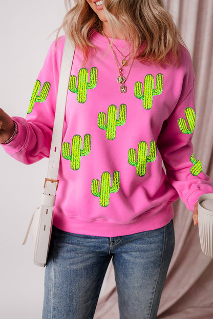 Bonbon Sequined Cactus Pattern Crewneck Pullover Sweatshirt