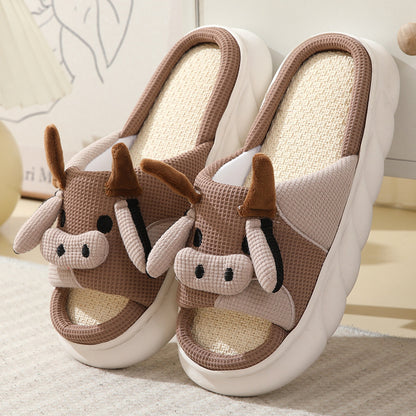 Cute Cartoon Cow Frog Slippers Linen Non-slip Shoes Indoor Garden Home Slippers