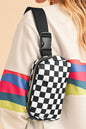 White Checkered Print Buckle Wide Belt Crossbody Bag