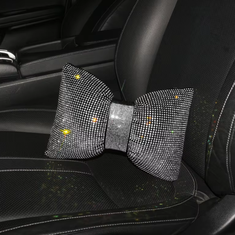 Diamond Crystal Bowknot Car Neck and Waist Pillows | Rhinestone Bling Headrest Support