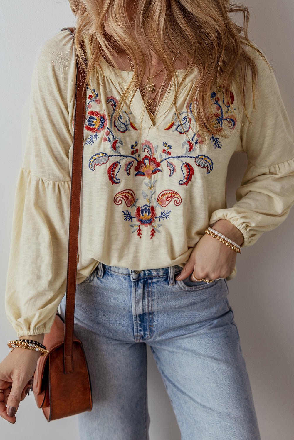 Apricot Paisley Floral Embroidered Notch V Neck Blouse