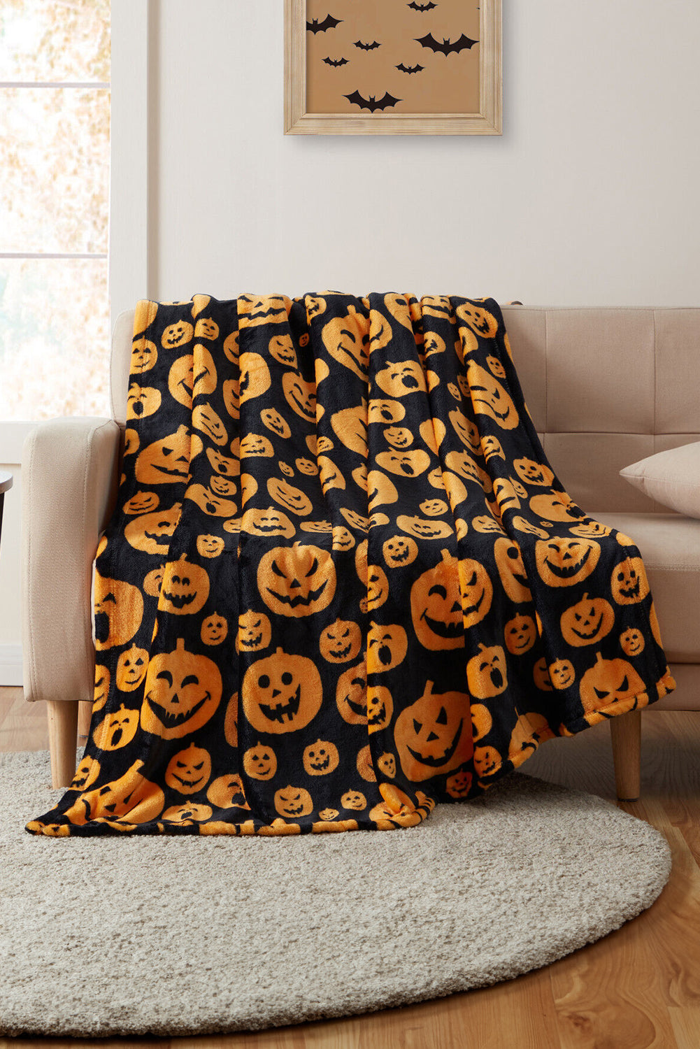 Black Halloween Pumpkin Face Print Fleece Blanket 130*150cm