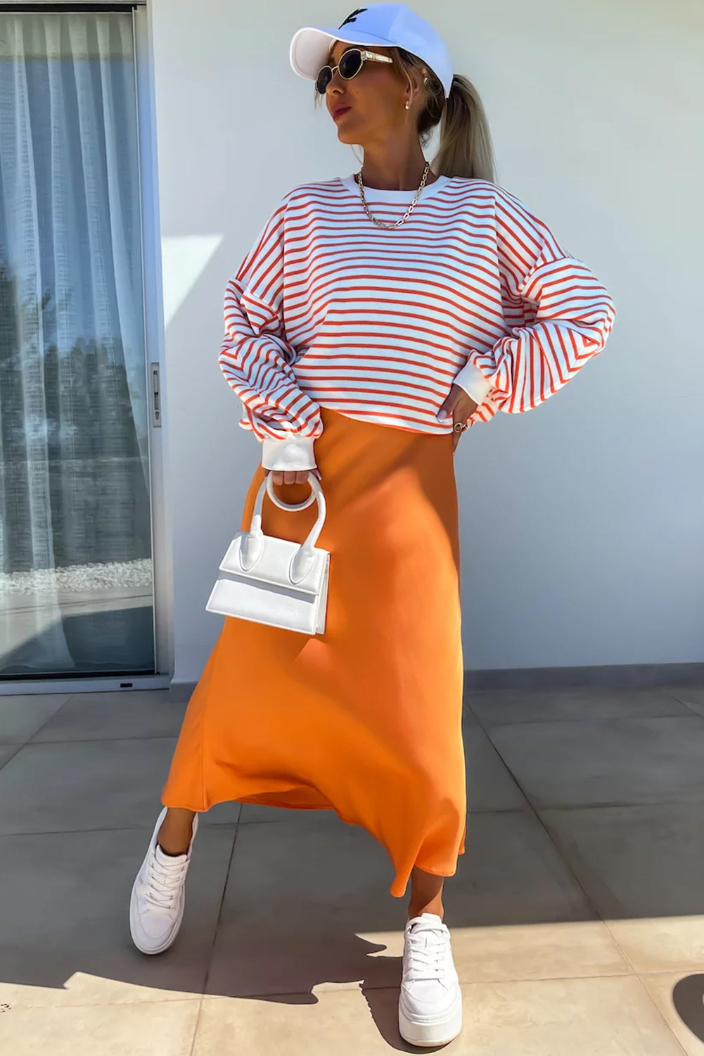 Russet Orange Drop Shoulder Crew Neck Loose Sweatshirt