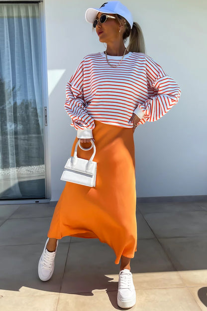 Russet Orange Drop Shoulder Crew Neck Loose Sweatshirt