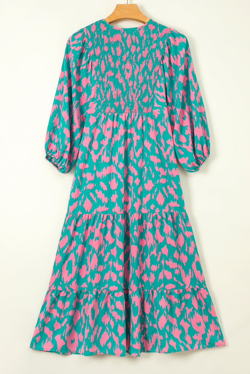 Sky Blue Abstract Print Puff Sleeve Tied Notched Neck Long Dress