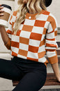 Orange Checkered Ribbed Edge O Neck Drop Shoulder Sweater