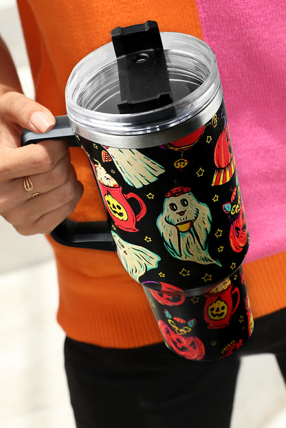 Black Halloween Ghost Pumpkin Print Large Tumbler 40oz