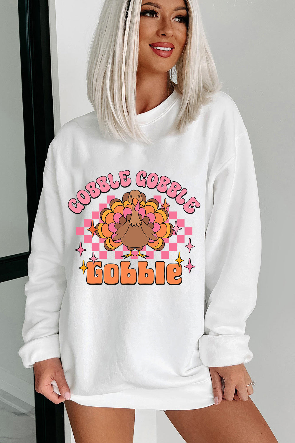 White Gobble Gobble Turkey Graphic Crewneck Thanksgiving Sweatshirt