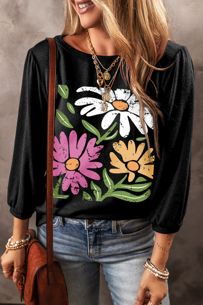 Black Flower Print Bracelet Sleeve Round Neck Top