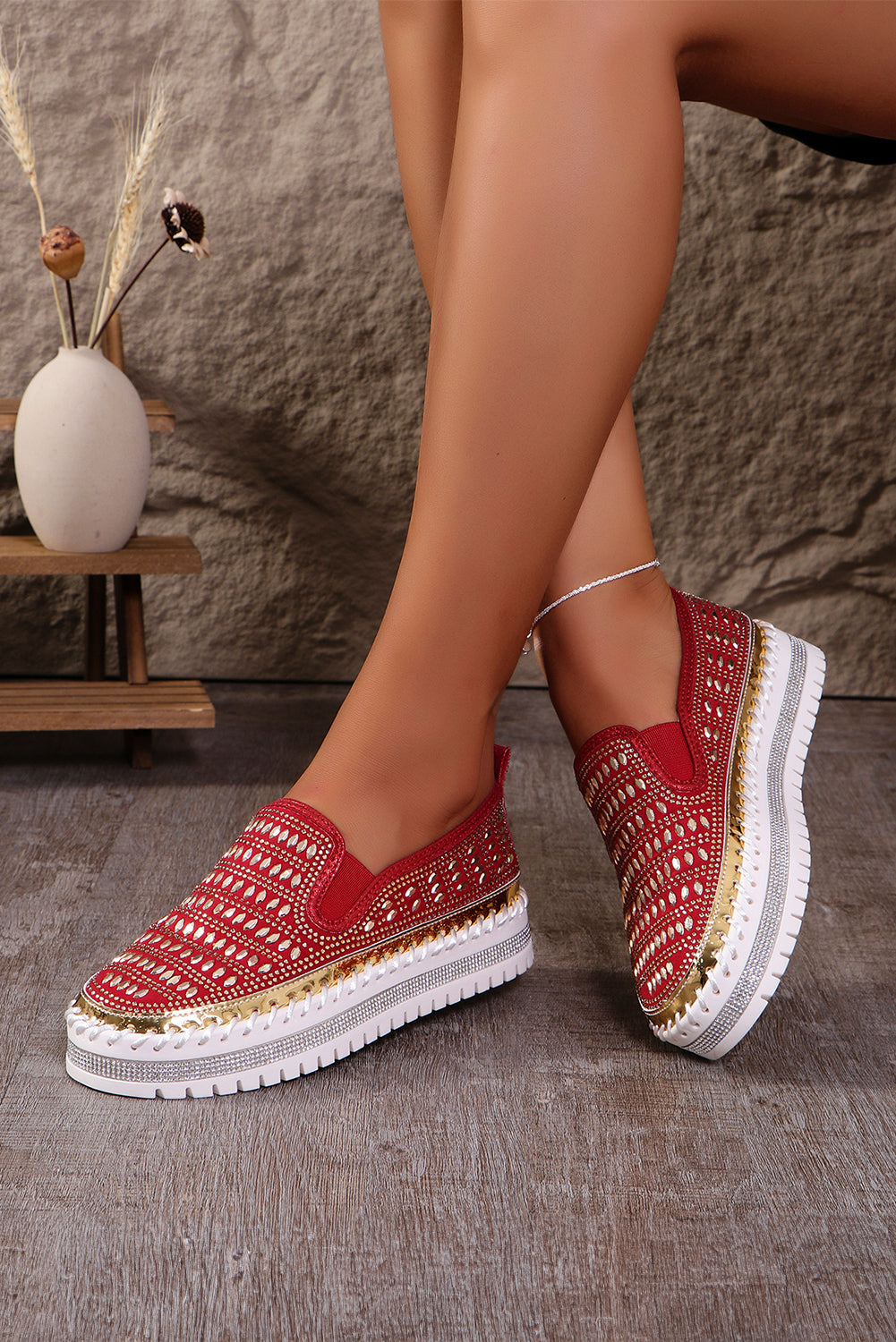 Fiery Red Sequin Thick Sole Slip On Shoes