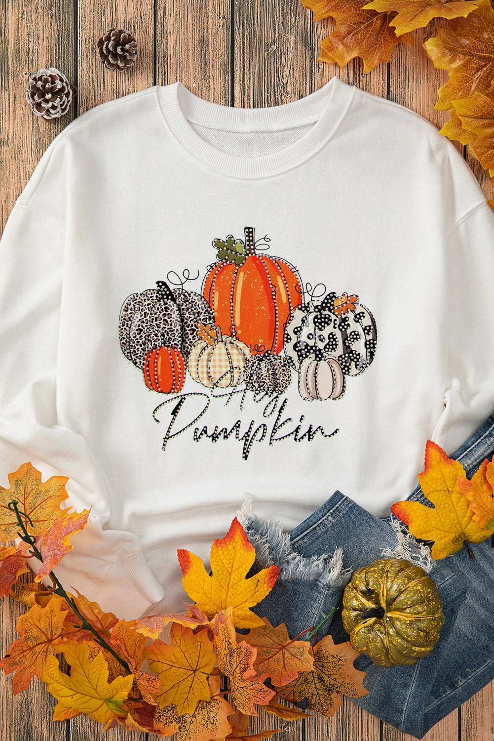 Beige Rhinestone Pumpkin Graphic Crewneck Thanksgiving Sweatshirt