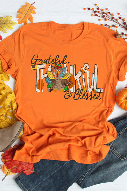 Orange Grateful Thankful Blessed Turkey Graphic Thanksgiving T Shirt