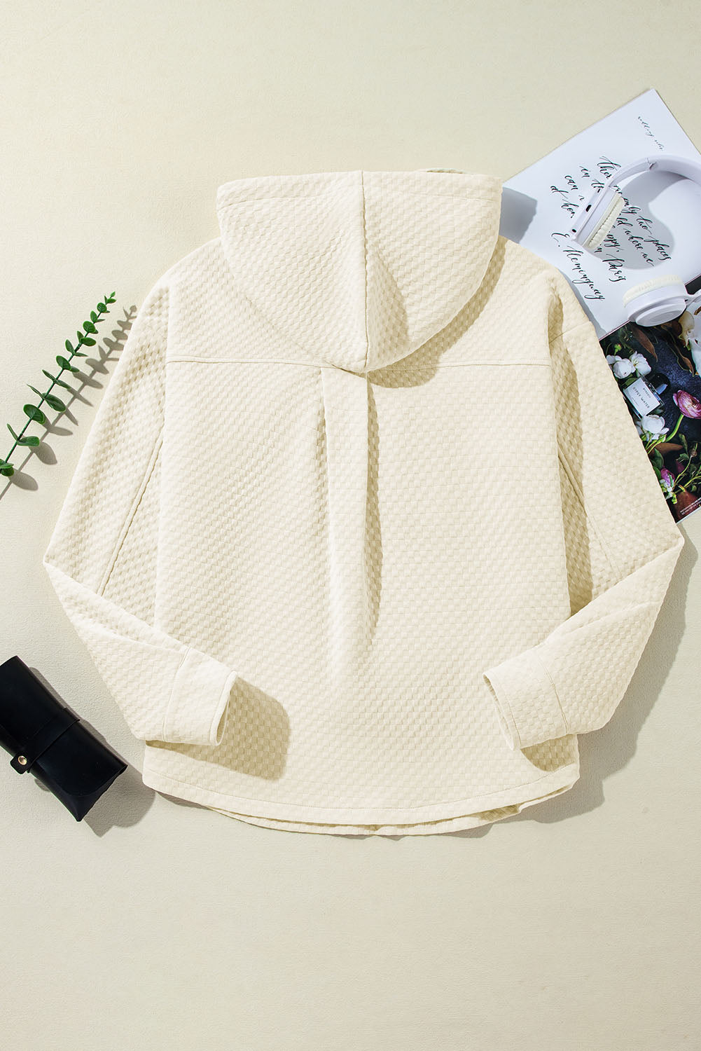 Apricot Textured Buttoned Neckline Side Pockets Hoodie