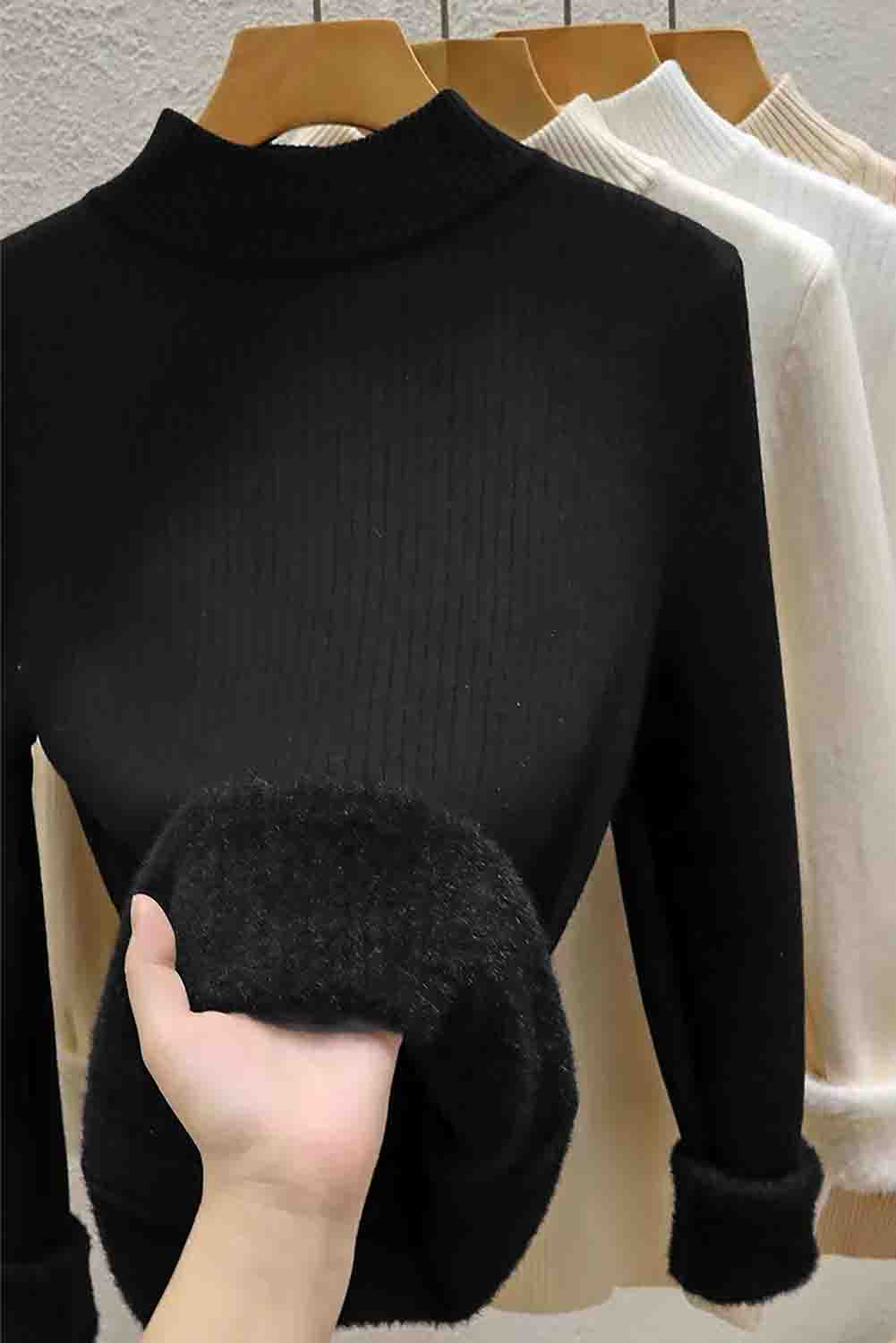 Black Solid Color Fleece Lined High Neck Slim Fit Sweater