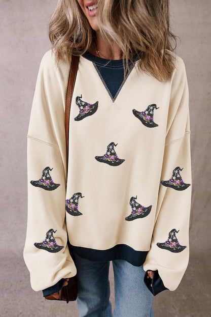 White Halloween Witch Hat Patched Pattern Colorblock Edge Oversized Sweatshirt