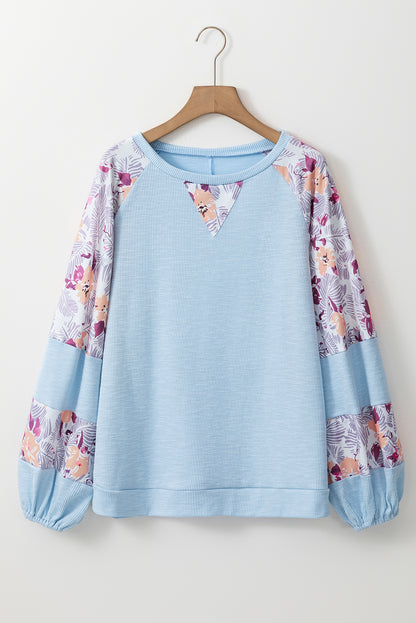 Beau Blue Textured Floral Patchwork Balloon Sleeve Blouse