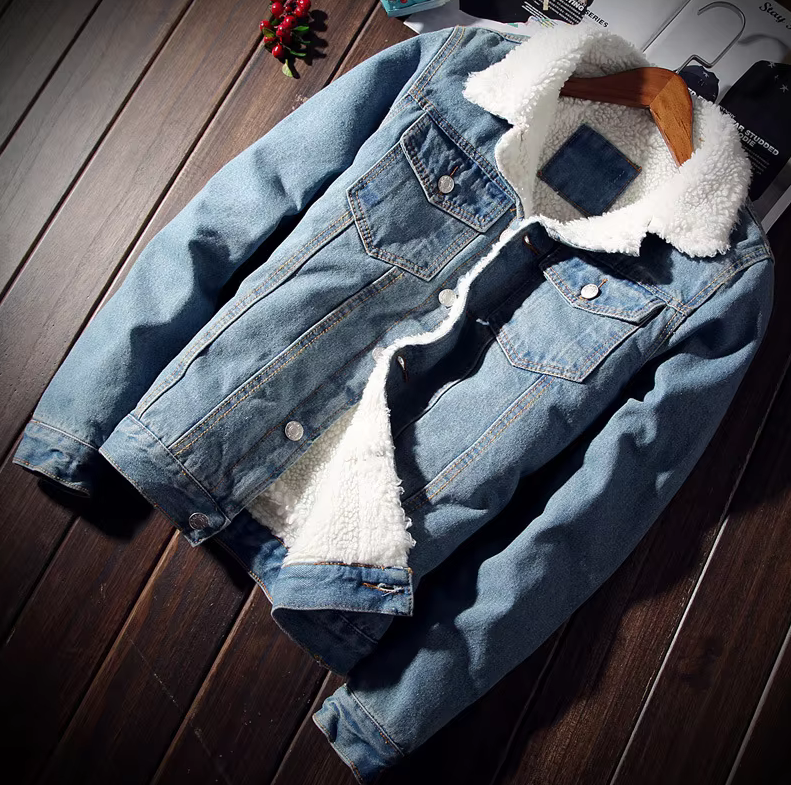 Men's Blue & Black Fur-Lined Cotton Denim Jacket - Streetwear Style