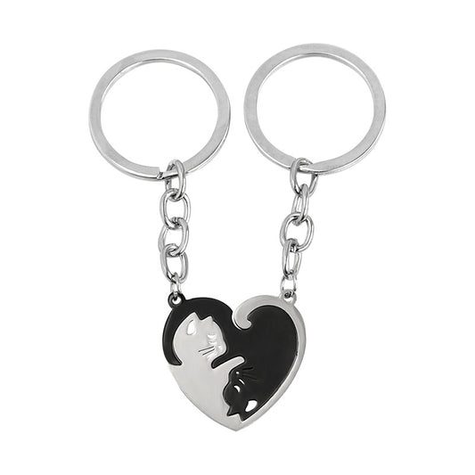 Love Heart Black White Cats Stainless Steel Couple Keychains