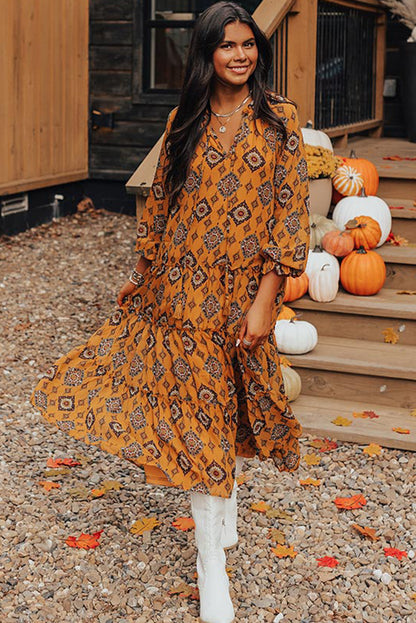 Orange Western Geometric Print Tiered Frilled Loose Fit Midi Dress