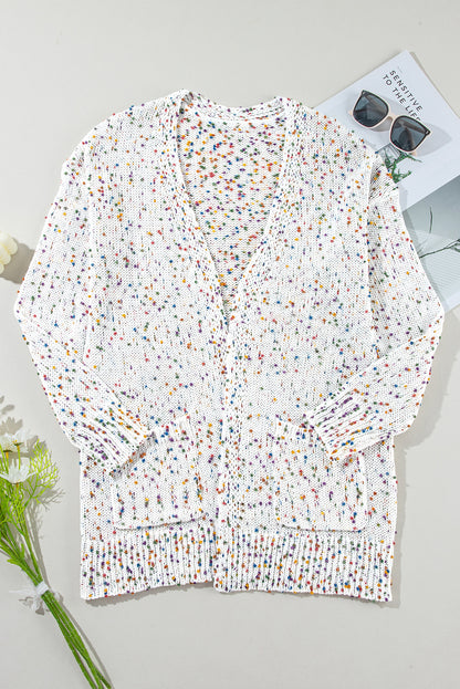 White Confetti Rib Knit Long Sleeve Cardigan