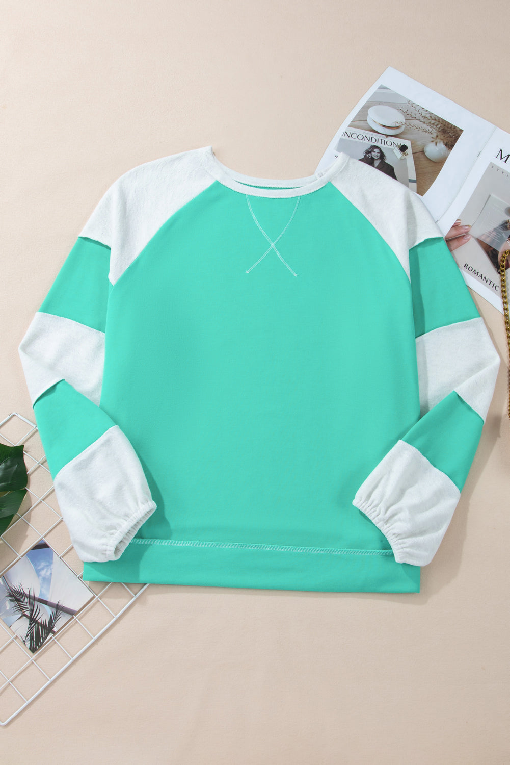 Aruba Blue Colorblock Patchwork Cross Seam Plus Sweatshirt