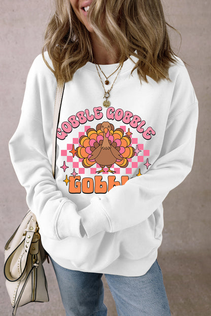 White Gobble Gobble Turkey Graphic Crewneck Thanksgiving Sweatshirt