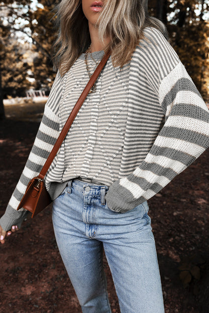 Red Stripe Geometric Textured Drop Shoulder Sweater