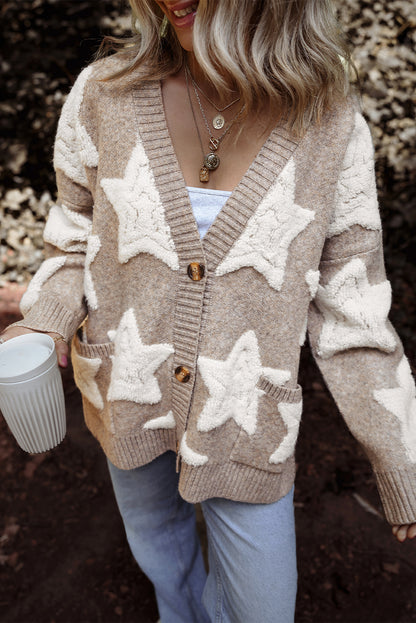 Pink Sherpa Star Pattern Textured Sweater Cardigan with Pockets