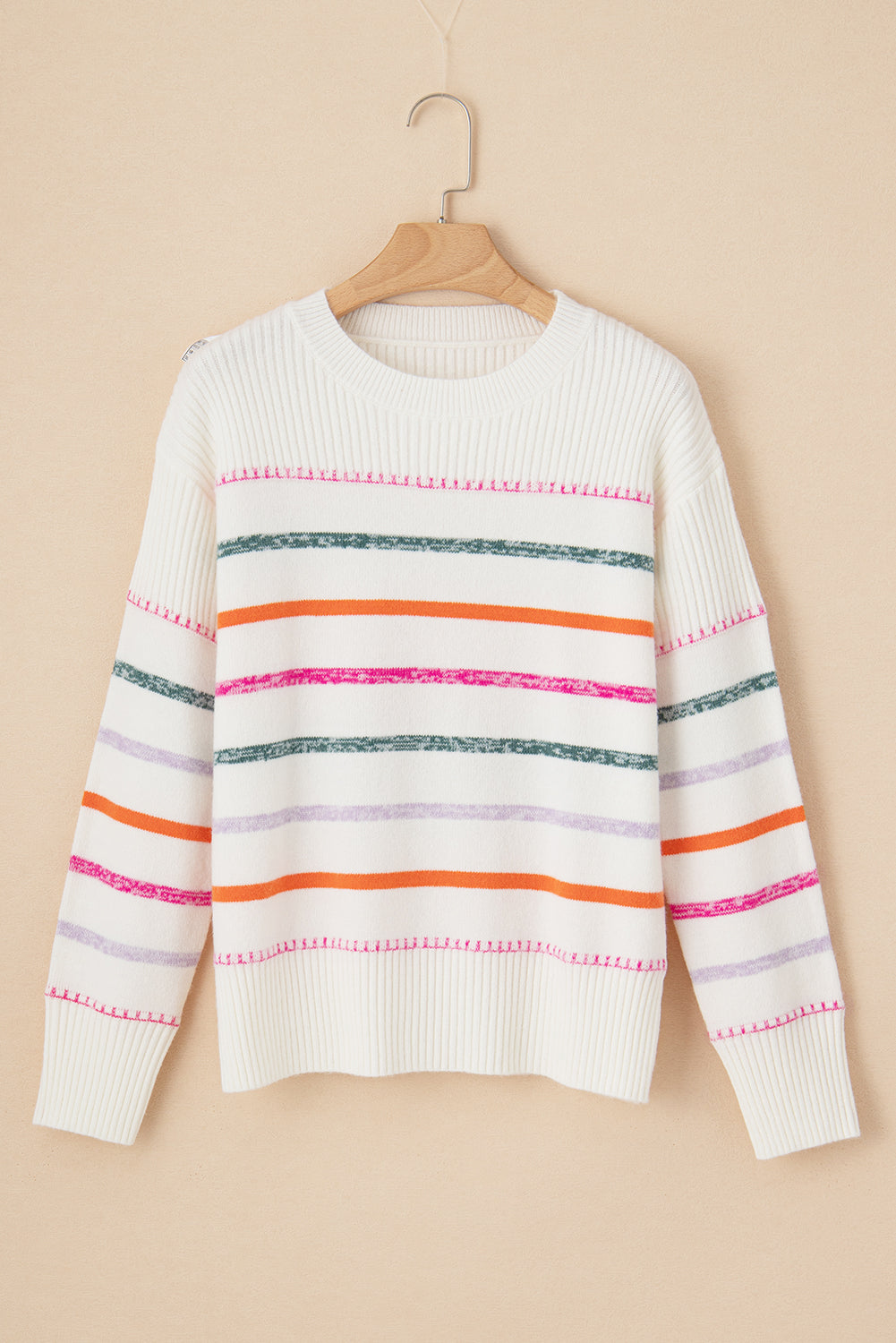 Black Colorful Striped Ribbed Trim Sweater