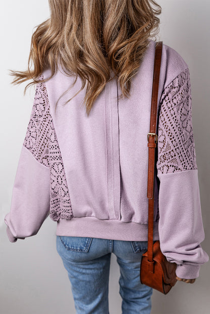 Orchid Petal Knit Crochet Exposed Seam Ribbed Trim Sweatshirt