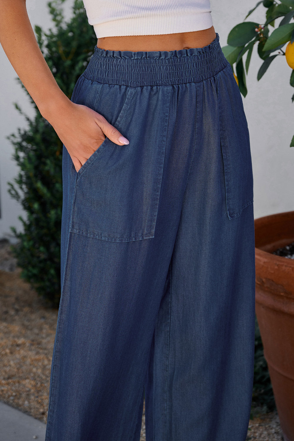 Black Side Pockets Frilled Smocked High Waist Wide Leg Jeans