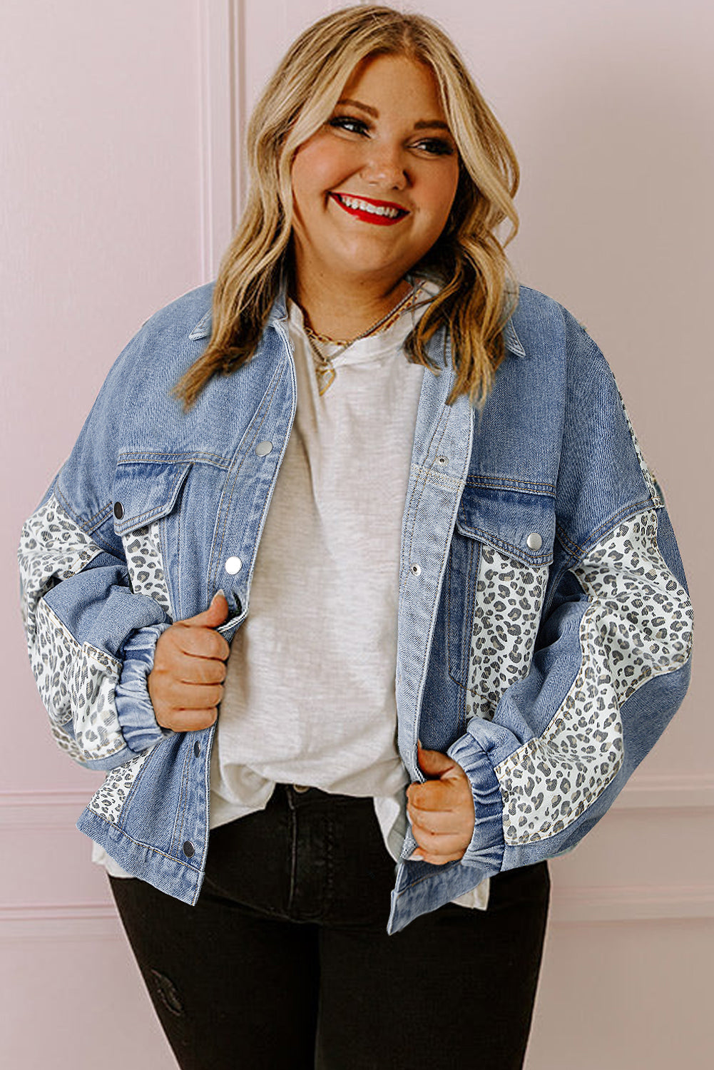 Beau Blue Leopard Patchwork Flap Detail Plus Size Denim Jacket