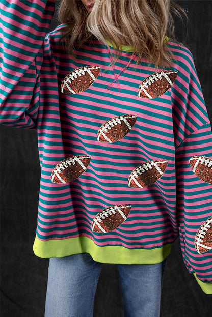 Green Stripe Sequin Rugby Football Graphic Colorblock Edge Game Day Sweatshirt