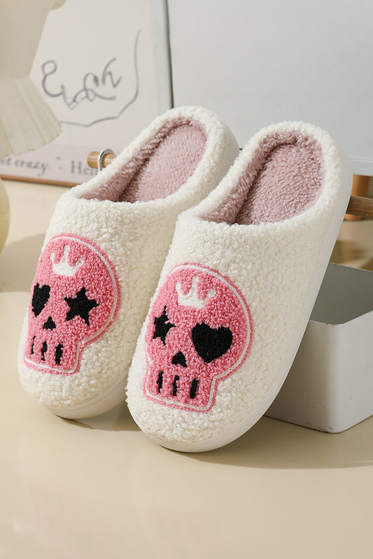 White Halloween Skull Printed Plush Winter Home Slippers