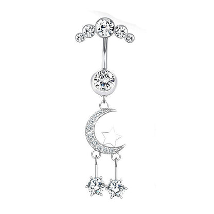 Stainless Steel European And American Inlaid Zircon Navel Stud Love Moon Piercing Jewelry