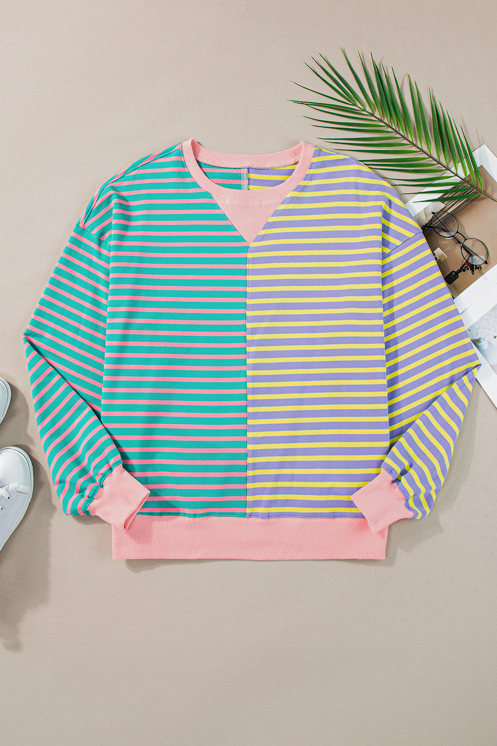 Green Stripe Casual Stripe Colorblock Drop Shoulder Oversize Sweatshirt