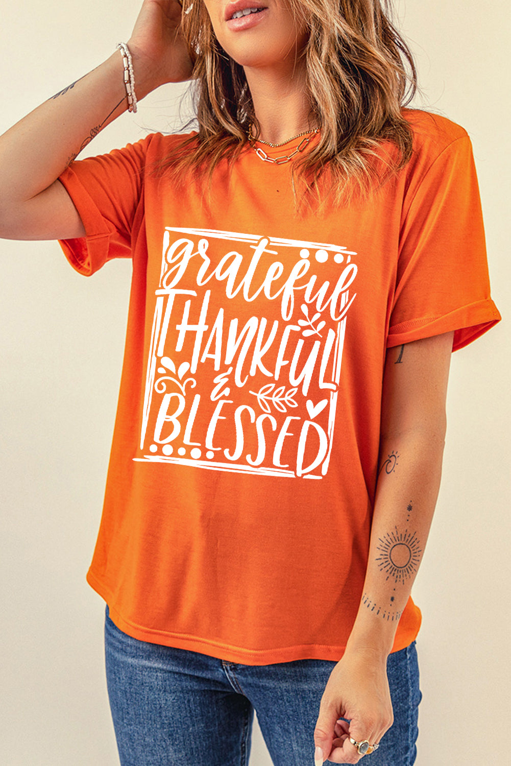 Orange Grateful Thankful Blessed Printed Thanksgiving T Shirt