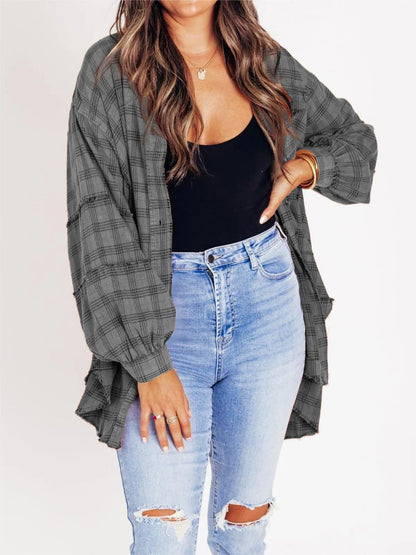 Women's Tassel Long-sleeved Top Loose Casual Plaid Shirt Coat Women