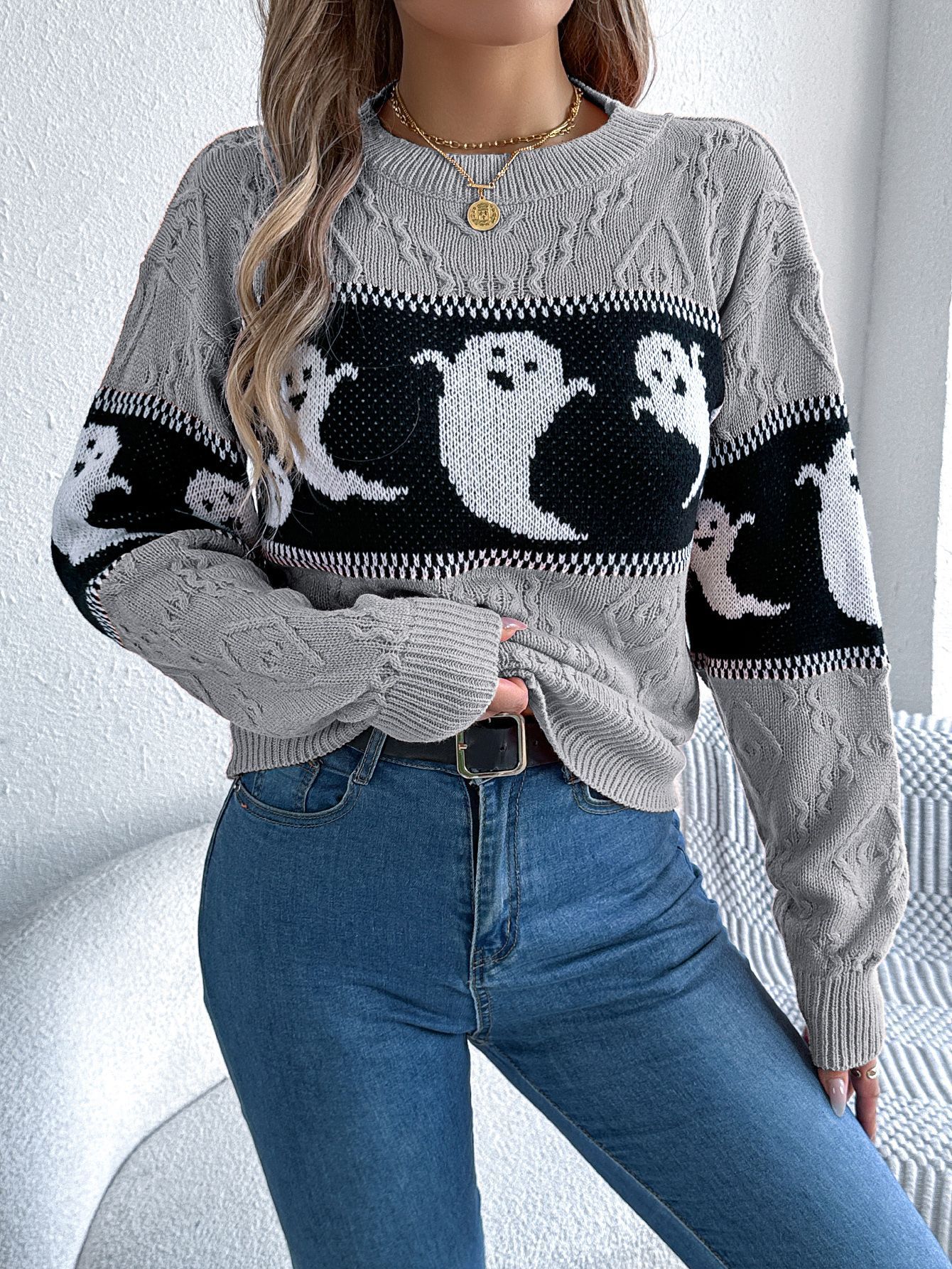 Halloween Ghost Contrast Color Knitted Long-sleeved Pullover