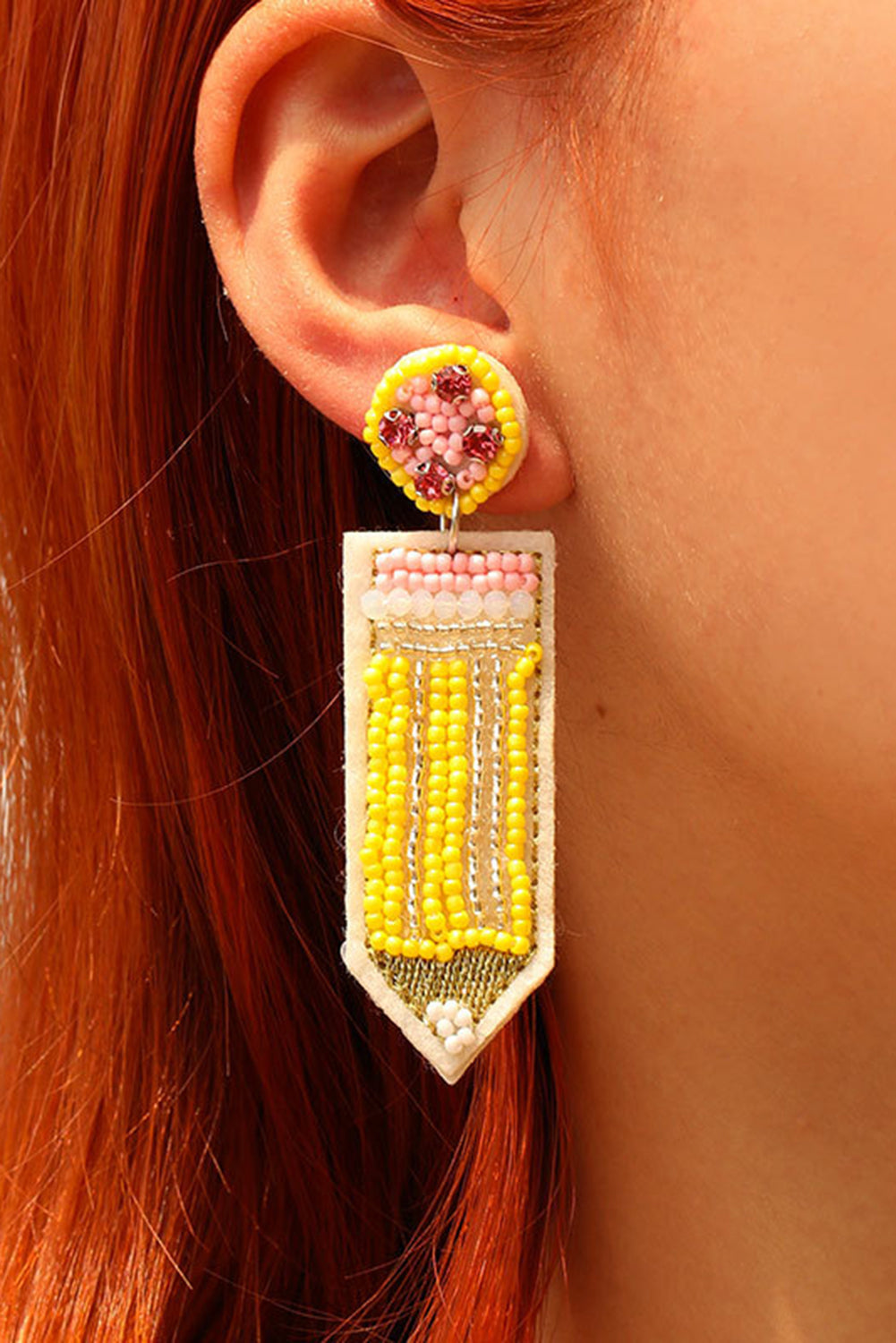 Yellow Beaded Pencil Teacher Earrings