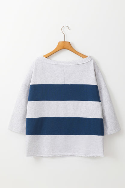 Sail Blue Colorblock Striped Patchwork Raw Seamed Sweatshirt