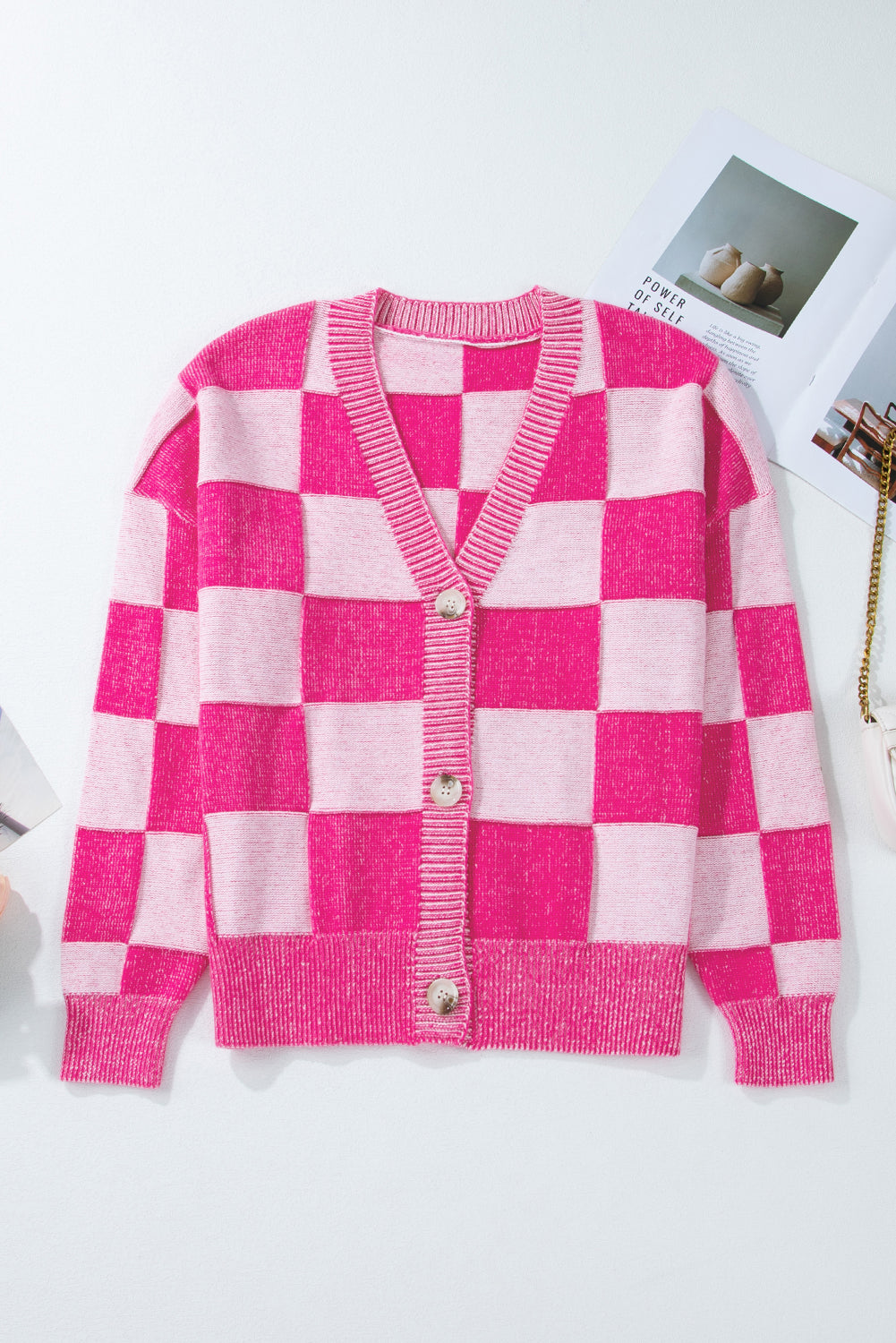 Orange Checkered Drop Shoulder Buttoned V Neck Cardigan